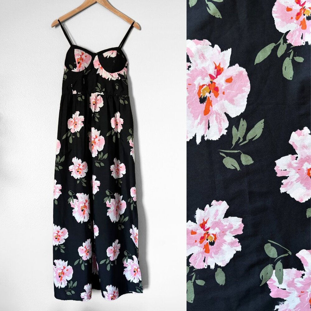 Band of Gypsies Dark Floral Print Corset Maxi Dress Black Pink Boho Womens M